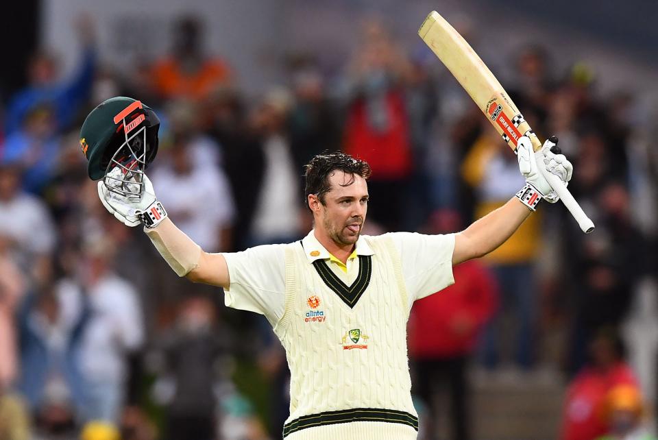 Seen here, Aussie batter Travis Head celebrates his second century of the Ashes series against England.