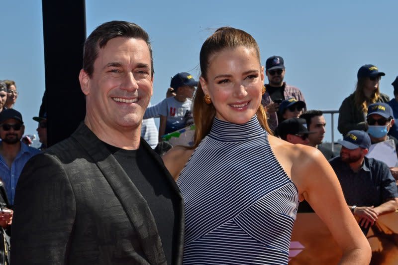 Jon Hamm (L) and Anna Osceola attend the San Diego premiere of "Top Gun: Maverick" in 2022. File Photo by Jim Ruymen/UPI