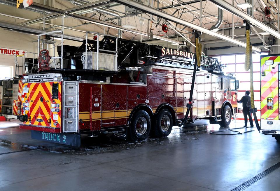 A fire truck is washed Tuesday, Nov. 14, 2023, at the Salisbury Fire Department Station 2 in Salisbury, Maryland.