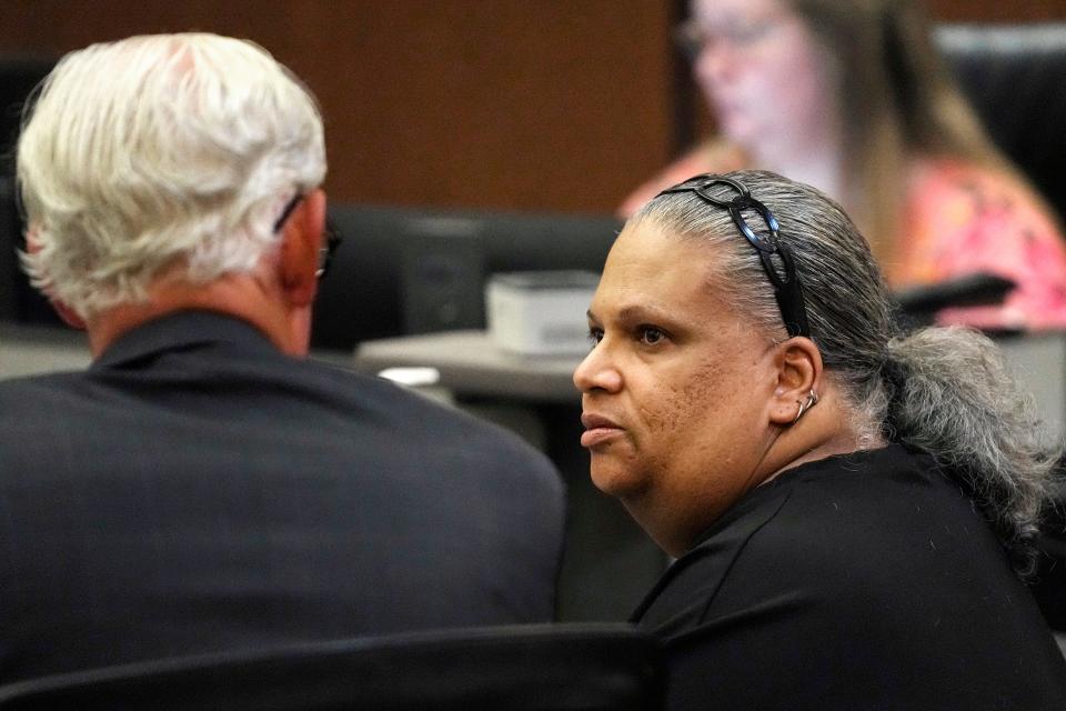 Rafaela Vasquez, right, speaks with her attorney Albert Jaynes Morrison during a court hearing for the Uber autonomous vehicle crash that killed Elaine Herzberg, at Maricopa County Superior Court on July 28, 2023, in Phoenix.