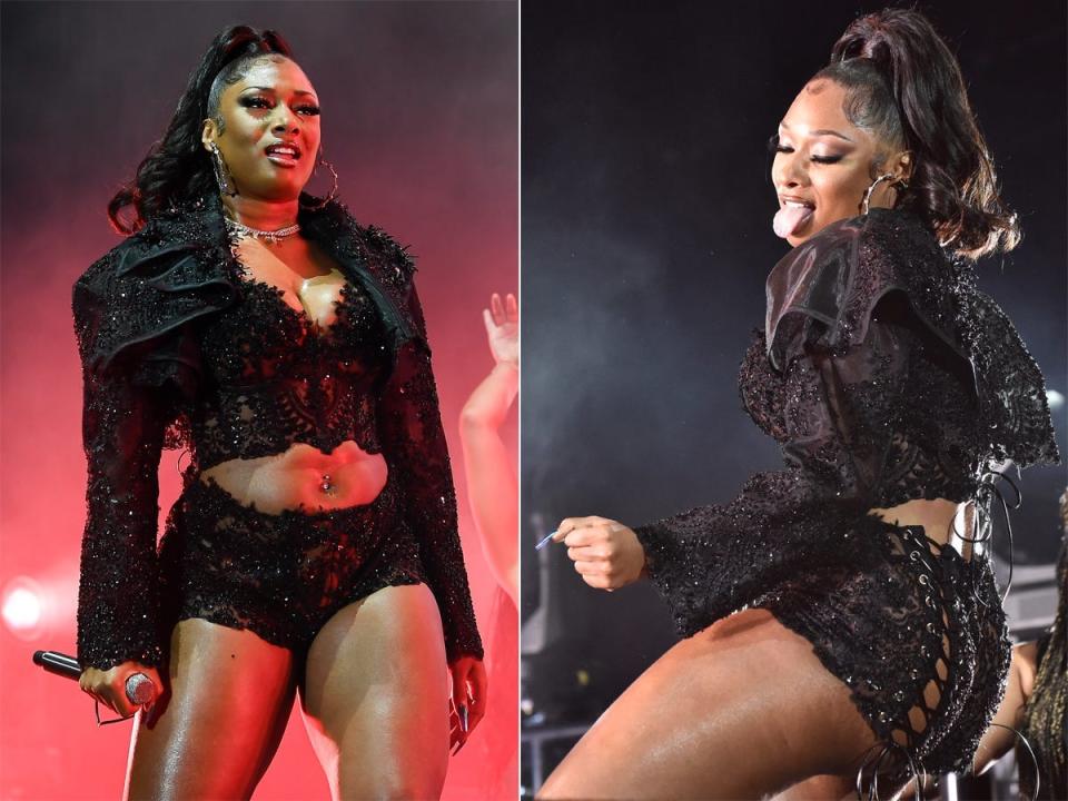 Megan Thee Stallion wears a lace, see-through, black set while performing at BottleRock Napa Valley 2021.