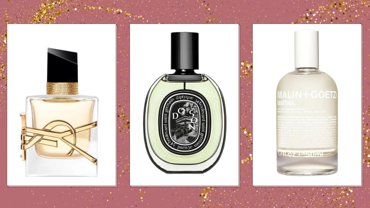  Perfumes from YSL, Diptyque and Malin+Goetz are pictured in a pink and gold glitter template. 