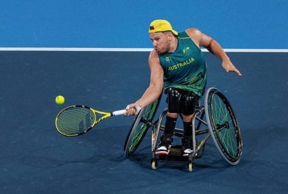 Dylan Alcott competes against Netherland’s Sam Schröder in the quad singles wheelchair tennis gold medal match.
