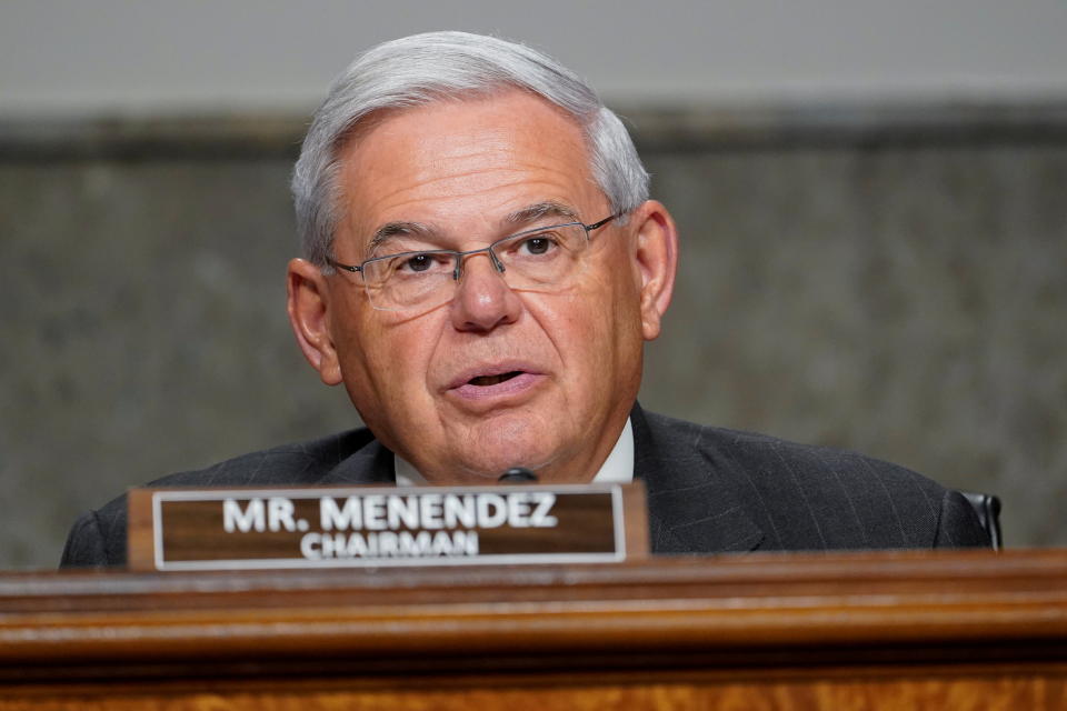 U.S. Senator Robert Menendez (D-NJ) questions Zalmay Khalilzad, special envoy for Afghanistan Reconciliation, during a Senate Foreign Relations Committee hearing on Capitol Hill in Washington, U.S., April 27, 2021. Susan Walsh/Pool via REUTERS