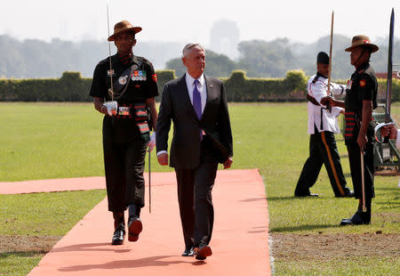 U.S. Defense Secretary Jim Mattis inspects an honour guard in New Delhi, India September 26, 2017. REUTERS/Adnan Abidi