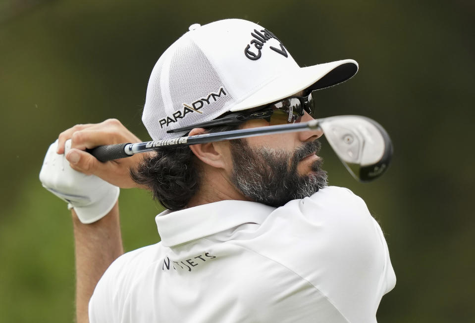 Adam Hadwin, of Canada, tees off on the second hole during the third round of the Canadian Open golf tournament in Toronto, Saturday, June 10, 2023. (Nathan Denette/The Canadian Press via AP)