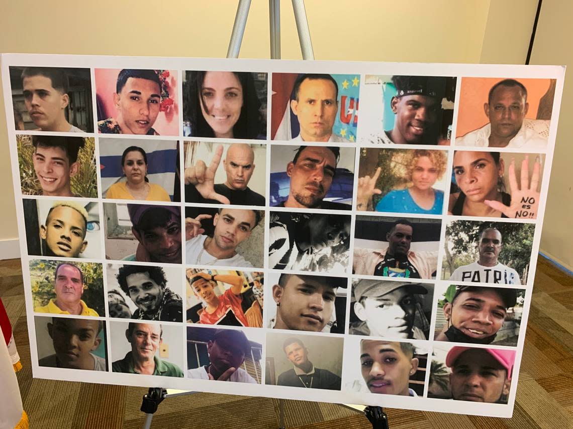 A poster with pictures of Cuban political prisoners was displayed during a Doral news conference on Monday, July 11, 2022, a year after Cuba saw mass protests for freedom.