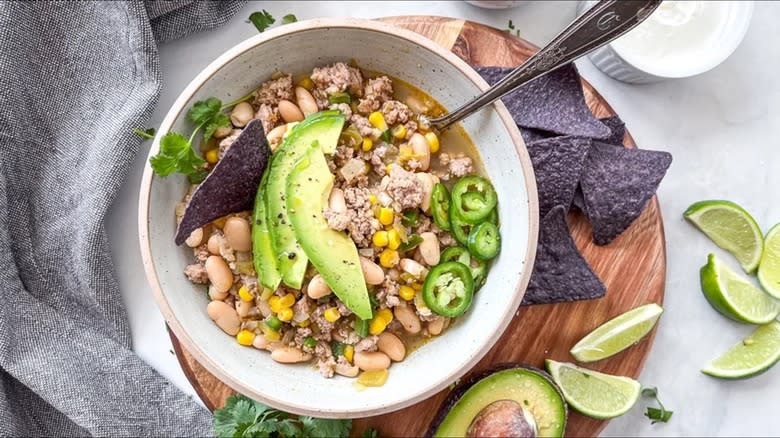 white turkey chili in bowl