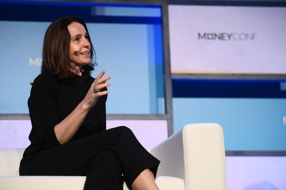 Dublin , Ireland - 12 June 2018; Sarah Friar, CFO, Square, on Centre Stage during day one of MoneyConf 2018 at the RDS Arena in Dublin. (Photo By Stephen McCarthy/Sportsfile via Getty Images)