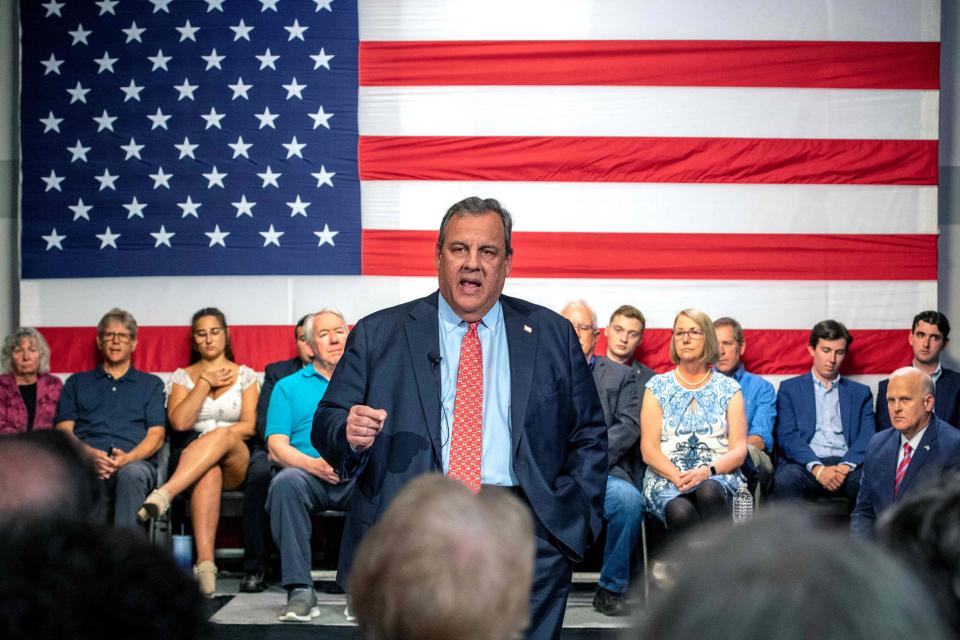 Former New Jersey Governor Chris Christie speaks during a New Hampshire Town Hall at Saint Anselm College in Goffstown, New Hampshire, on June 6, 2023.