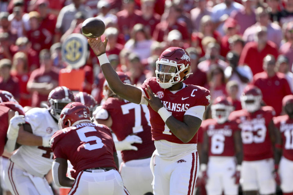 Arkansas quarterback KJ Jefferson (1) throws a pass against Alabama during the first half of an NCAA college football game Saturday, Oct. 1, 2022, in Fayetteville, Ark. (AP Photo/Michael Woods)