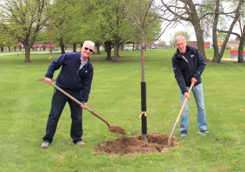 Department of Municipal Services Director Bob Granger and Coldwater Mayor Tom Kramer planted a tree in Heritage Park for Arbor Day Friday.