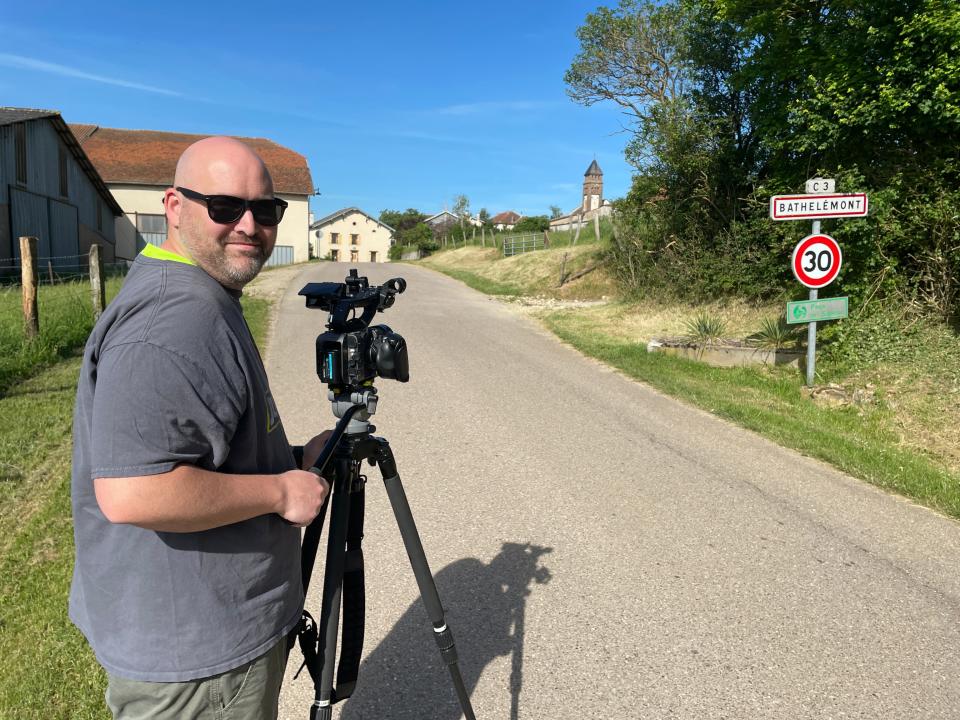 Director of Photography Kaleb Throckmorton films the Bathelemont World War I Memorial which includes Evansville's Cpl. James Bethel Gresham, the first American to die on French soil in World War I.