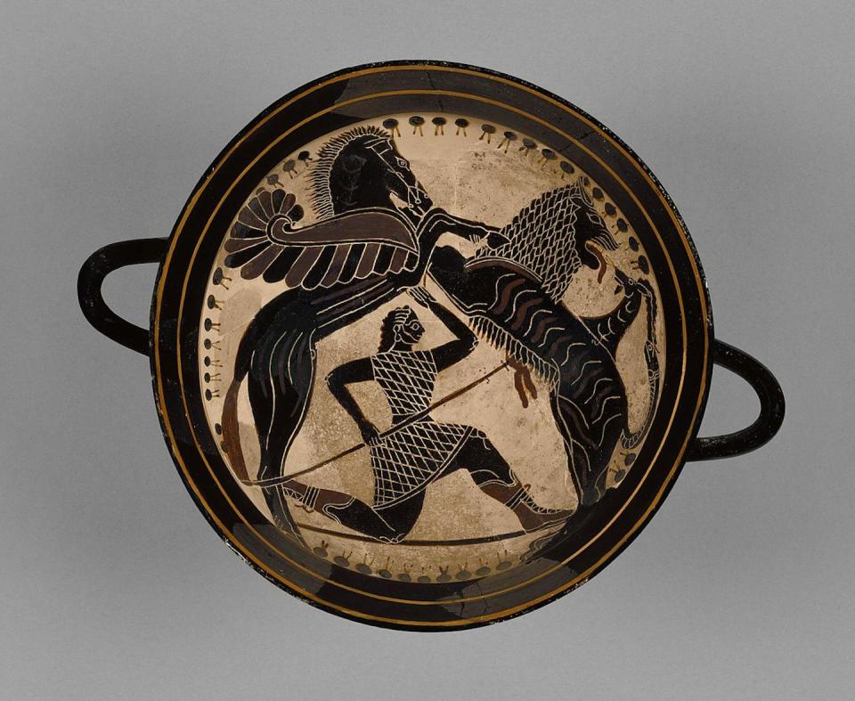 En el interior de esta _kylix_, el héroe griego Belerofonte lucha contra la monstruosa Quimera (a la derecha).