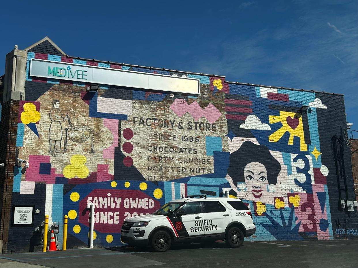 A 2021 mural is strategically placed to maintain the underlying Sydney Bogg advertisement, the company lost its storefront in 2002 but continues operations online today.