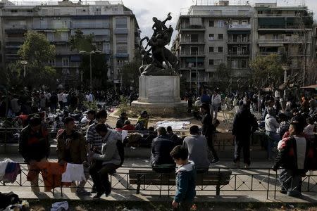 Stranded refugees and migrants, most of them Afghans, are seen on Victoria Square in Athens, Greece, March 3, 2016. REUTERS/Alkis Konstantinidis