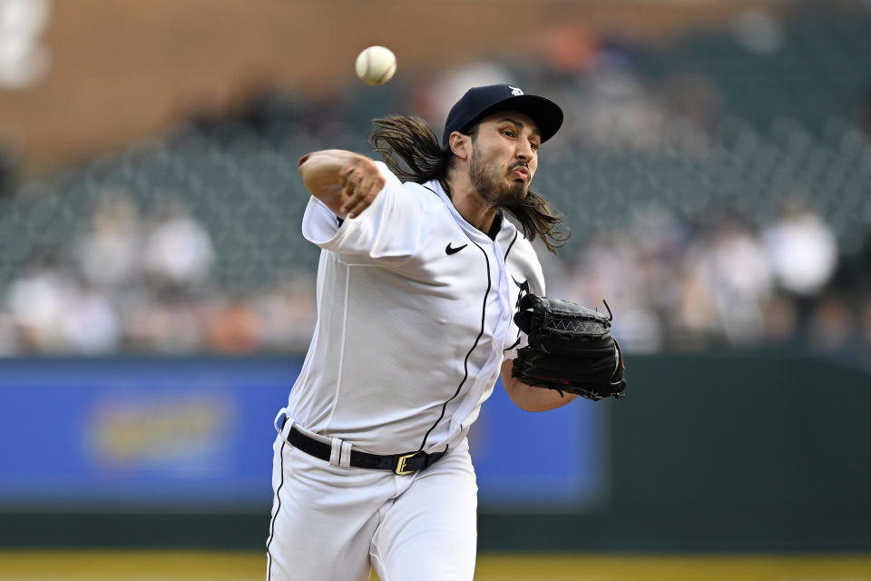 Detroit Tigers starting pitcher Alex Faedo throws against the Chicago Cubs in the first inning of a baseball game, Monday, Aug. 21, 2023, in Detroit. (AP Photo/Jose Juarez)