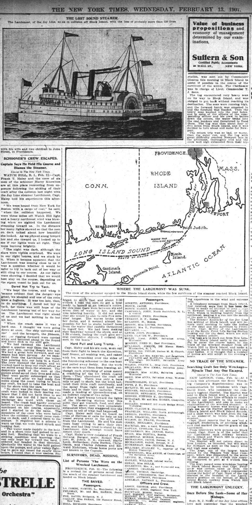 Ezra D. Gary of Pensacola died on Feb. 12, 1907, while working aboard the steamship Larchmont. The steamship sank in a tragic incident known at the time as the "Titanic of New England."