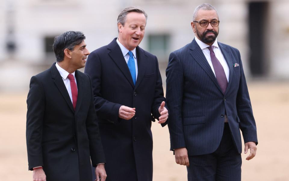 Rishi Sunak, Lord Cameron and James Cleverly are pictured together during the state visit of the South Korean President on November 21