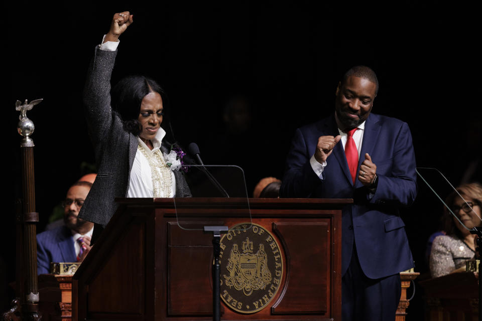 Actress Sheryl Lee Ralph, left, raises her fist in the air after her guest appearance to read a poem at the inauguration of Philadelphia Mayor Cherelle Parker, not pictured, at the Met, Tuesday, Jan. 2, 2024, in Philadelphia. (Alejandro A. Alvarez/The Philadelphia Inquirer via AP)