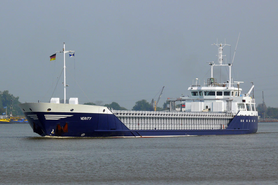 FILE - The freighter "Verity" is seen off Kiel in Germany, Oct. 5, 2014. German authorities say two cargo ships have collided in the North Sea off the German coast and one vessel apparently sank. One sailor died and four are missing. Germany’s Central Command for Maritime Emergencies said the ships, Polesie and Verity, collided early on Tuesday, Oct. 24, 2023 about 22 kilometers, about 14 miles, southwest of the island of Helgoland. (Dietmar Hasenpusch/dpa via AP)