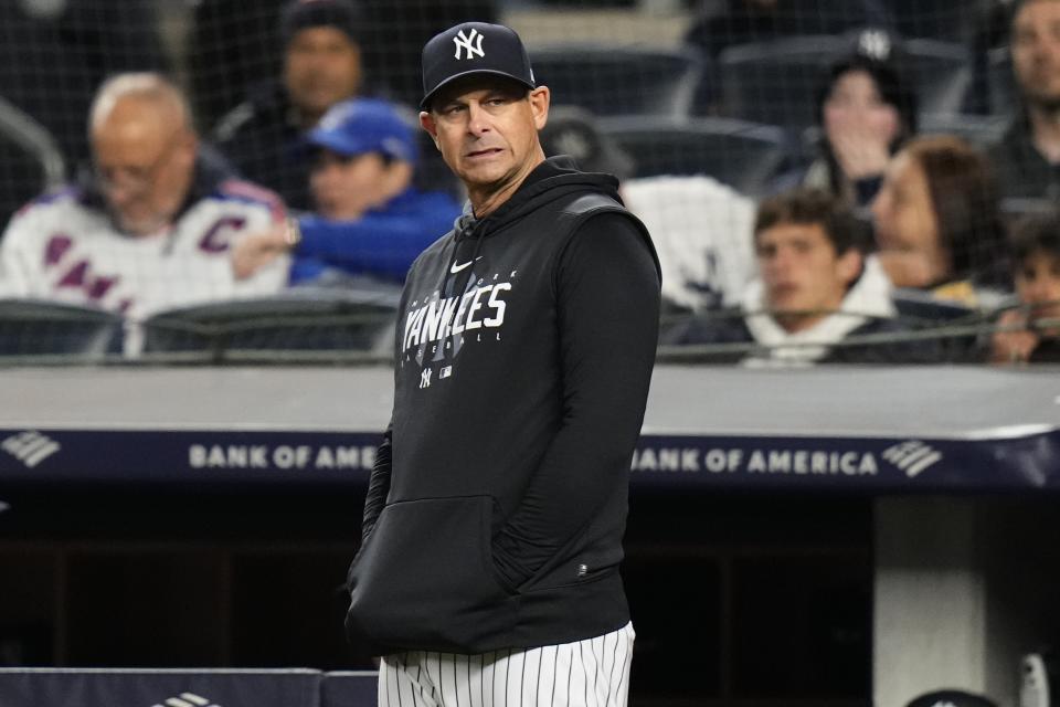 New York Yankees manager Aaron Boone reacts to a call during the fourth inning of the team's baseball game against the Los Angeles Angels on Tuesday, April 18, 2023, in New York. (AP Photo/Frank Franklin II)