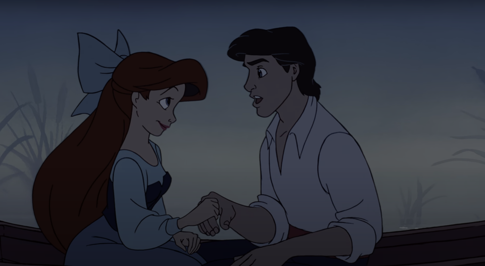 Ariel and Prince Eric holding hands in the animated version of the film
