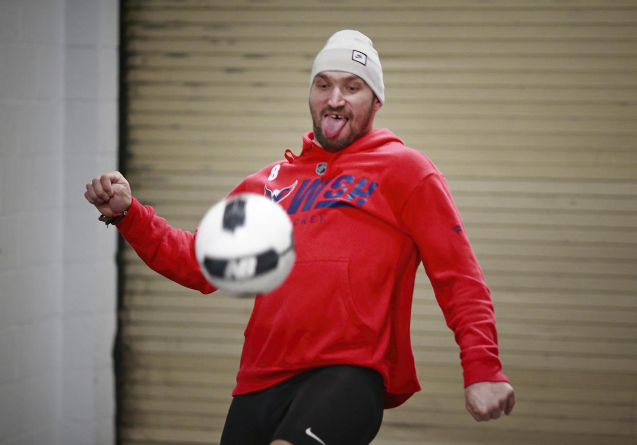 VANCOUVER, BC - OCTOBER 22: Alex Ovechkin #8 of the Washington Capitals plays soccer before their NHL game against the Vancouver Canucks at Rogers Arena October 22, 2018 in Vancouver, British Columbia, Canada.  (Photo by Jeff Vinnick/NHLI via Getty Images)