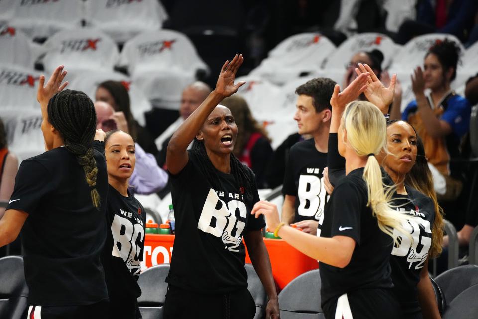 Mercury coaches wear 'We are BG42' shirts in honor of Brittney Griner, who is currently detained in Russia, prior to the home opener against the Aces.