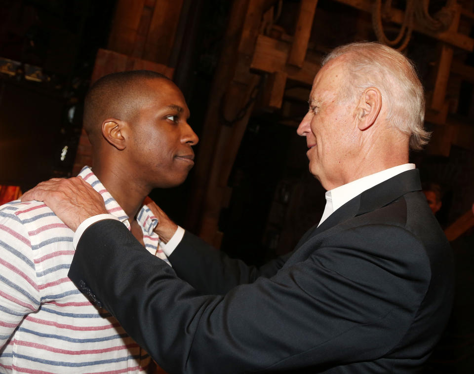 NEW YORK, NY - JULY 27:  Leslie Odom Jr and Vice President of the United States Joe Biden pose backstage at the hit new musical 'Hamilton' on Broadway at The Richard Rogers Theater on July 27, 2015 in New York City.  (Photo by Bruce Glikas/FilmMagic)