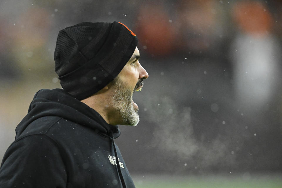 Cleveland Browns head coach Kevin Stefanski shouts during the second half of an NFL football game against the Baltimore Ravens, Saturday, Dec. 17, 2022, in Cleveland. (AP Photo/David Richard)