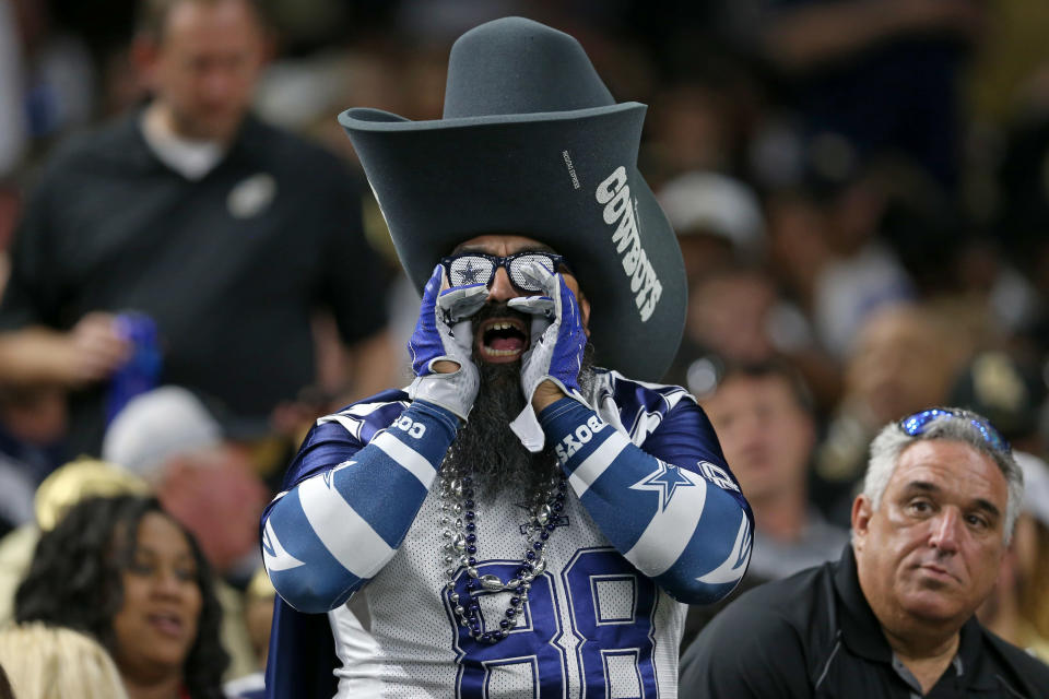 Sep 29, 2019; New Orleans, LA, USA; A Dallas Cowboys fan in the second quarter of their game against the New Orleans Saints at the Mercedes-Benz Superdome. Mandatory Credit: Chuck Cook-USA TODAY Sports