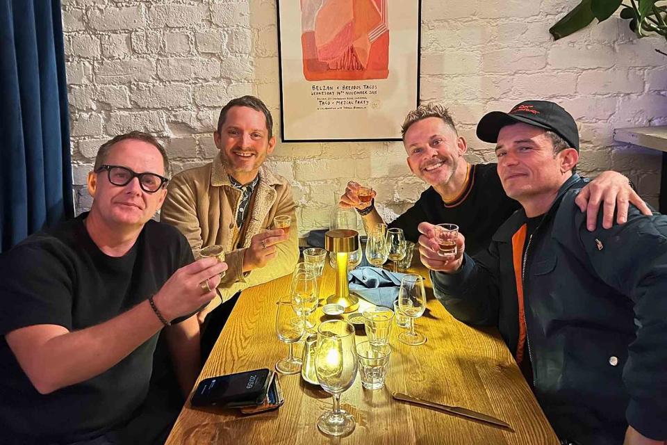 <p>Dom Monaghan/Instagram</p> Orlando Bloom, Elijah Wood, Dom Monaghan and Billy Boyd 