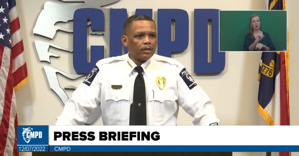 Charlotte-Mecklenburg Police Chief Johnny Jennings addresses the arrest of 14-year veteran officer Peter Lombardo for a DWI charge during a news conference on Wednesday, Dec. 7, 2022. Jennings said Lombardo will be fired.