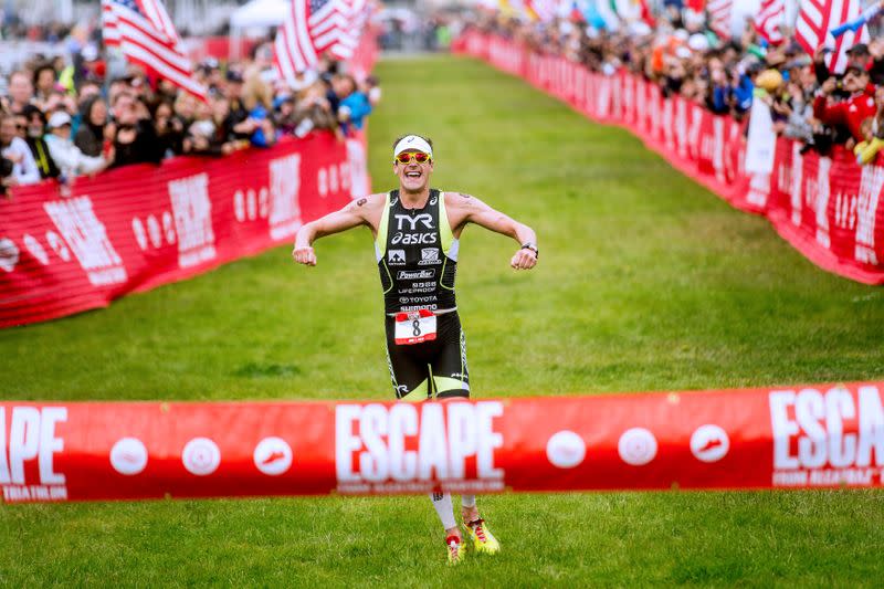 FILE PHOTO: United States' Andy Potts celebrates winning the Escape from Alcatraz Triathlon in San Francisco, California.