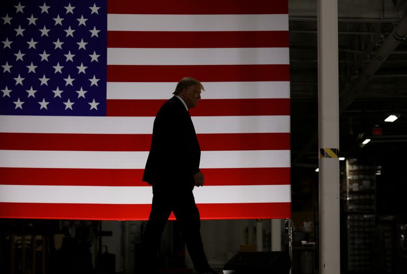 U.S. President Donald Trump tours Puritan Medical Products manufacturing facility where swabs for coronavirus disease (COVID-19) tests are made, in Guilford, Main