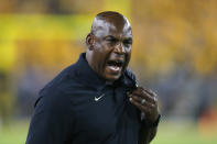 FILE - In this Sept. 21, 2019, file photo, Colorado head coach Mel Tucker reacts to a holding call in the second half during an NCAA college football game against Arizona State, in Tempe, Ariz. A person familiar with the decision says Colorado coach Mel Tucker has agreed to lead Michigan State's football program. The person spoke Wednesday morning, Feb. 12, 2020, to The Associated Press on condition of anonymity because the hiring had not been announced. (AP Photo/Rick Scuteri, File)
