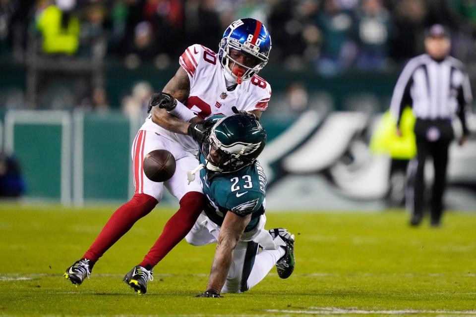 Philadelphia Eagles safety C.J. Gardner-Johnson (23) breaks up a pass intended for New York Giants wide receiver Richie James during the second half of an NFL divisional round playoff football game, Saturday, Jan. 21, 2023, in Philadelphia. The Eagles won 38-7. (AP Photo/Matt Rourke)