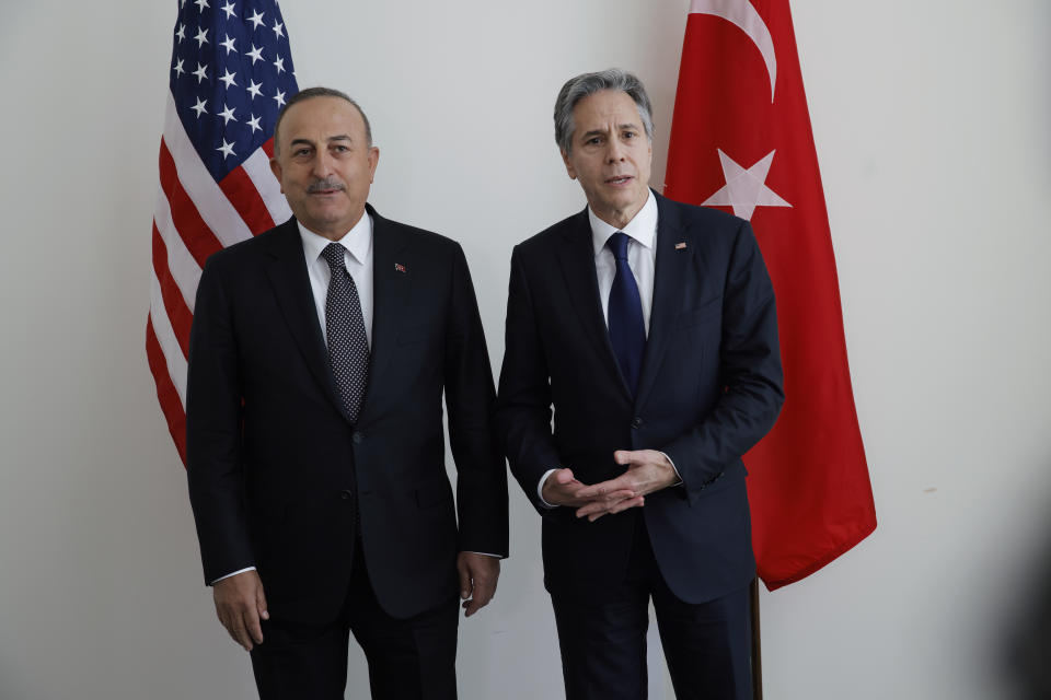 U.S. Secretary of State Antony Blinken meets with Turkish Foreign Minister Mevlut Cavusoglu at the United Nations Wednesday, May 18, 2022. (Eduardo Munoz/Pool via AP)