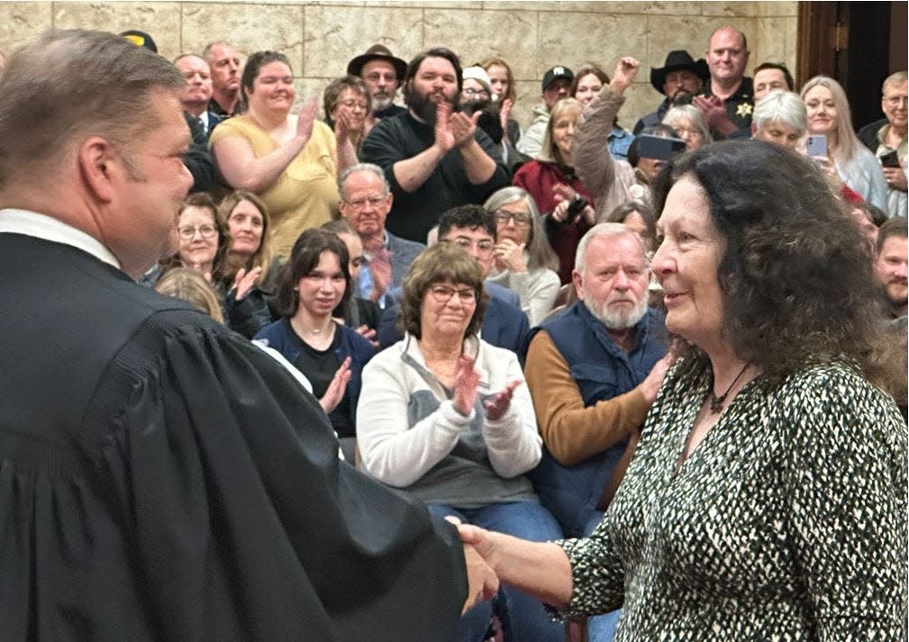 Shannon Wilson is sworn in as Great Falls City Commissioner before a crowd of nearly 150 people on Tuesday