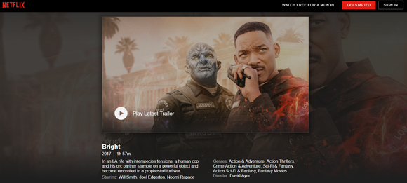 Netflix landing page for Bright showing Will Smith talking on a police walkie-talkie with a blue-hued Orc standing nearby.