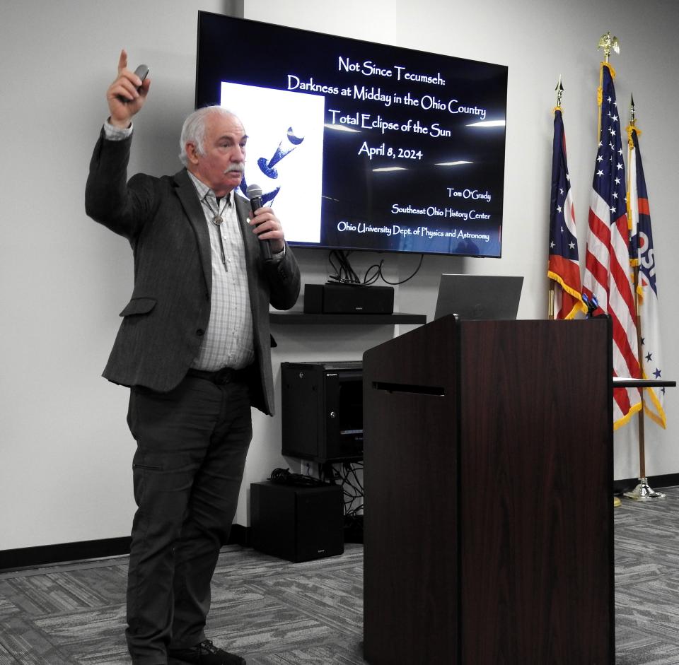 Tom O'Grady, instructor of Observational Astronomy at Ohio University, speaks at a historical retrospective of eclipses over time during a recent program in Coshocton.