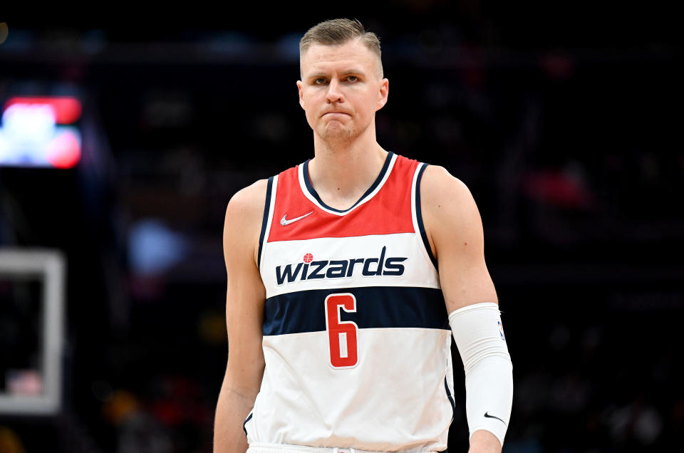 Kristaps Porzingis (pictured) walks down the court during the game against the Orlando Magic.