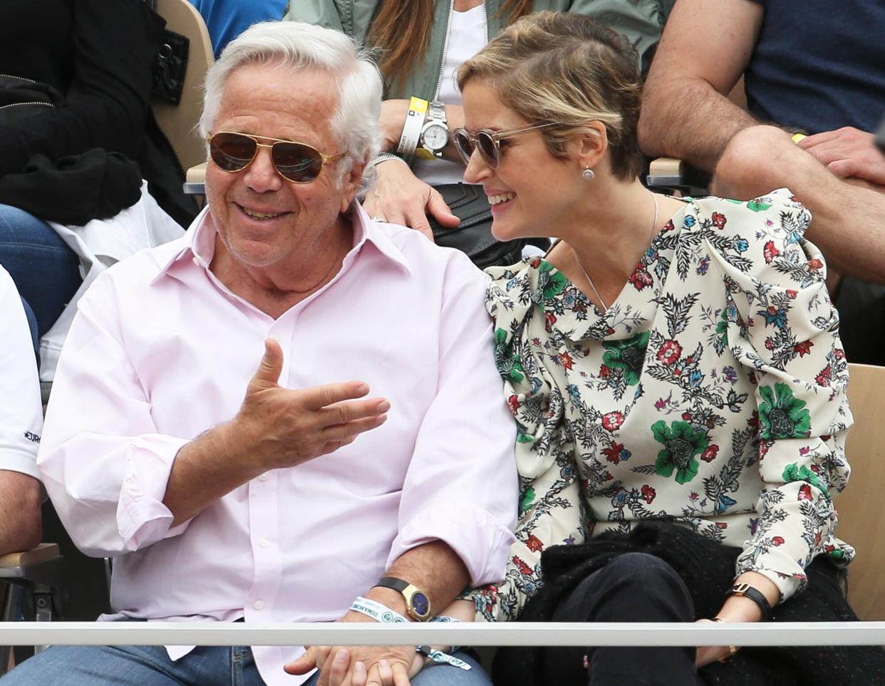 Robert Kraft, owner of the New England Patriots and girlfriend Dana Blumberg attend the men's final during day 15 of the 2019 French Open at Roland Garros stadium on June 9, 2019 in Paris, France