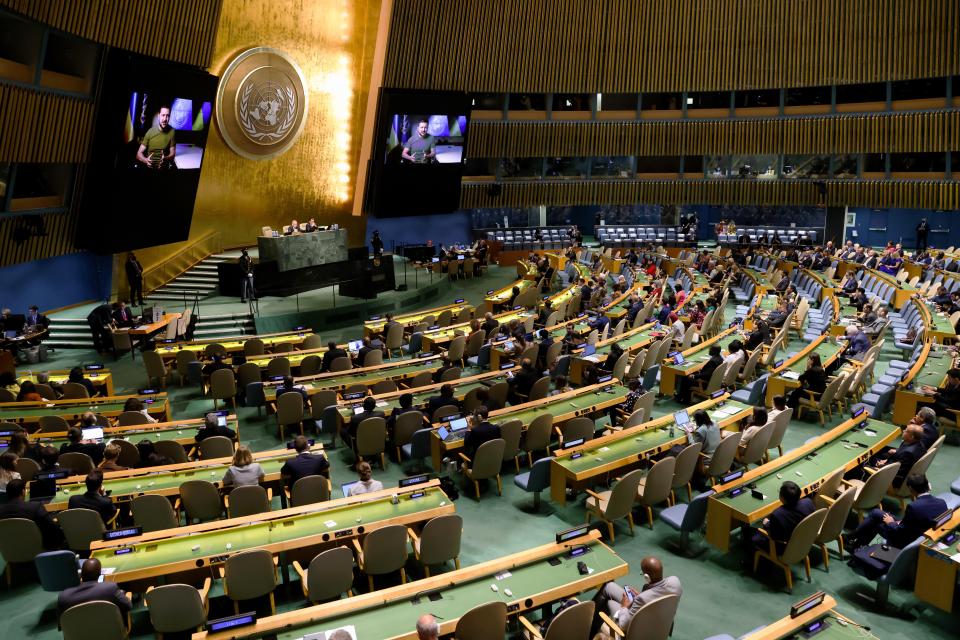 Ukrainian President Volodymyr Zelenskyy addresses the 77th session of the United Nations General Assembly, Wednesday, Sept. 21, 2022 at U.N. headquarters. (AP Photo/Julia Nikhinson)