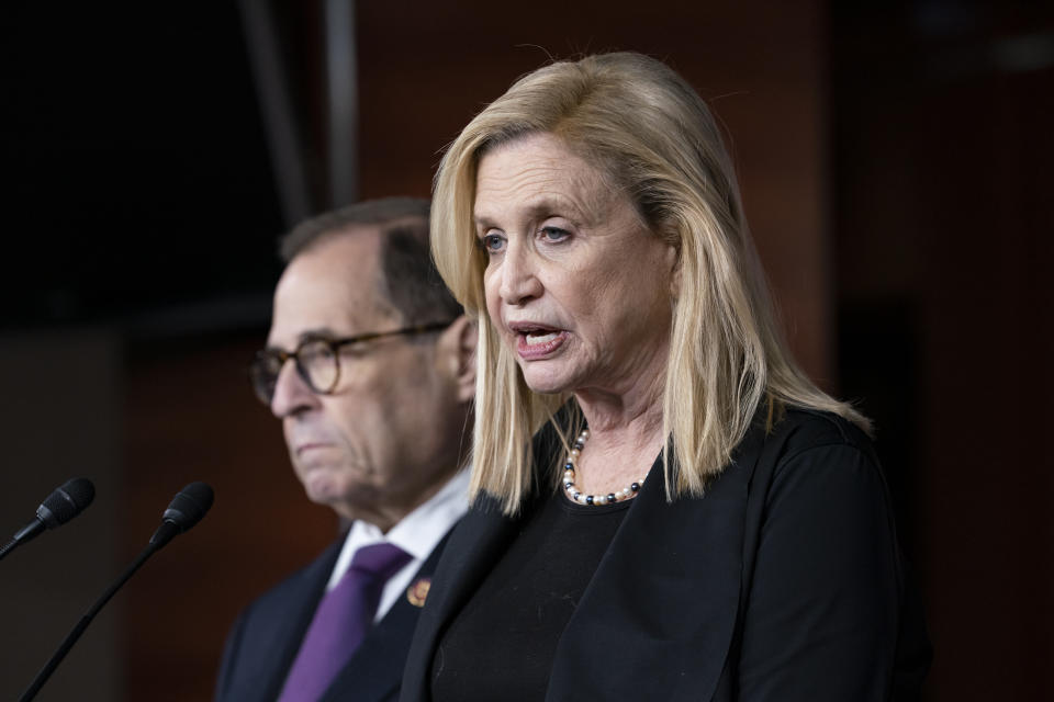 FILE - In this Oct. 31, 2019, file photo, Rep. Carolyn Maloney, acting chair of the House Committee on Oversight and Reform, joined at left by Rep. Jerrold Nadler, chairman of the House Judiciary Committee, meet with reporters to discuss the next steps of the impeachment investigation of President Donald Trump, at the Capitol in Washington. House Democrats are set to choose who will lead the powerful Oversight and Reform Committee _ a key role in the ongoing impeachment inquiry of President Donald Trump. Three veteran lawmakers, including Maloney of New York, the acting chairwoman, are seeking to replace the late Rep. Elijah Cummings of Maryland, who died last month. (AP Photo/J. Scott Applewhite, File)