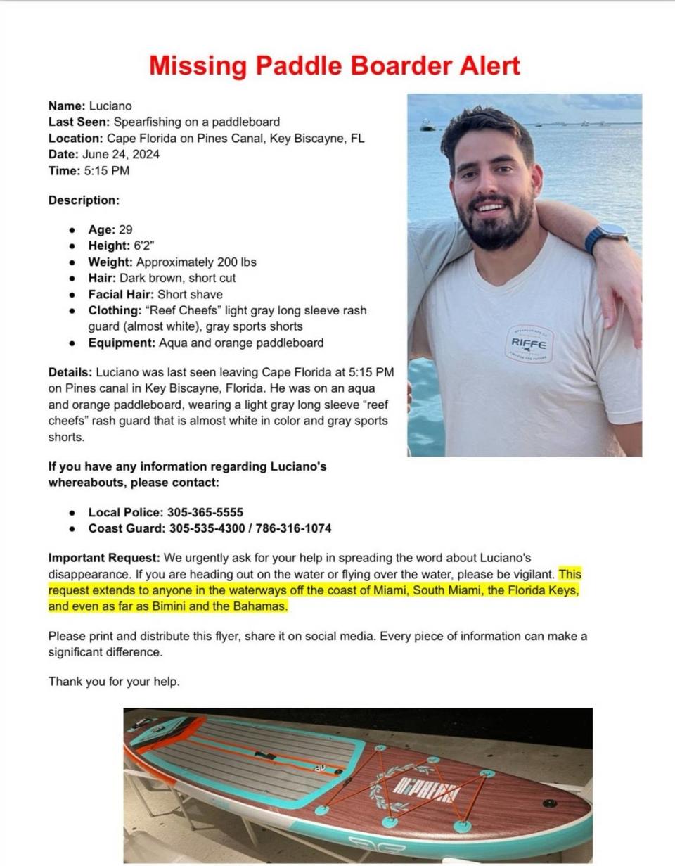 The U.S. Coast Guard released a flier seeking information on a man who was last seen leaving Key Biscayne on a paddleboard Monday evening, June 24, 2024.