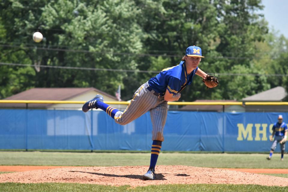 Ben Seitzinger follows through after releasing a pitch against Eastern Greene.