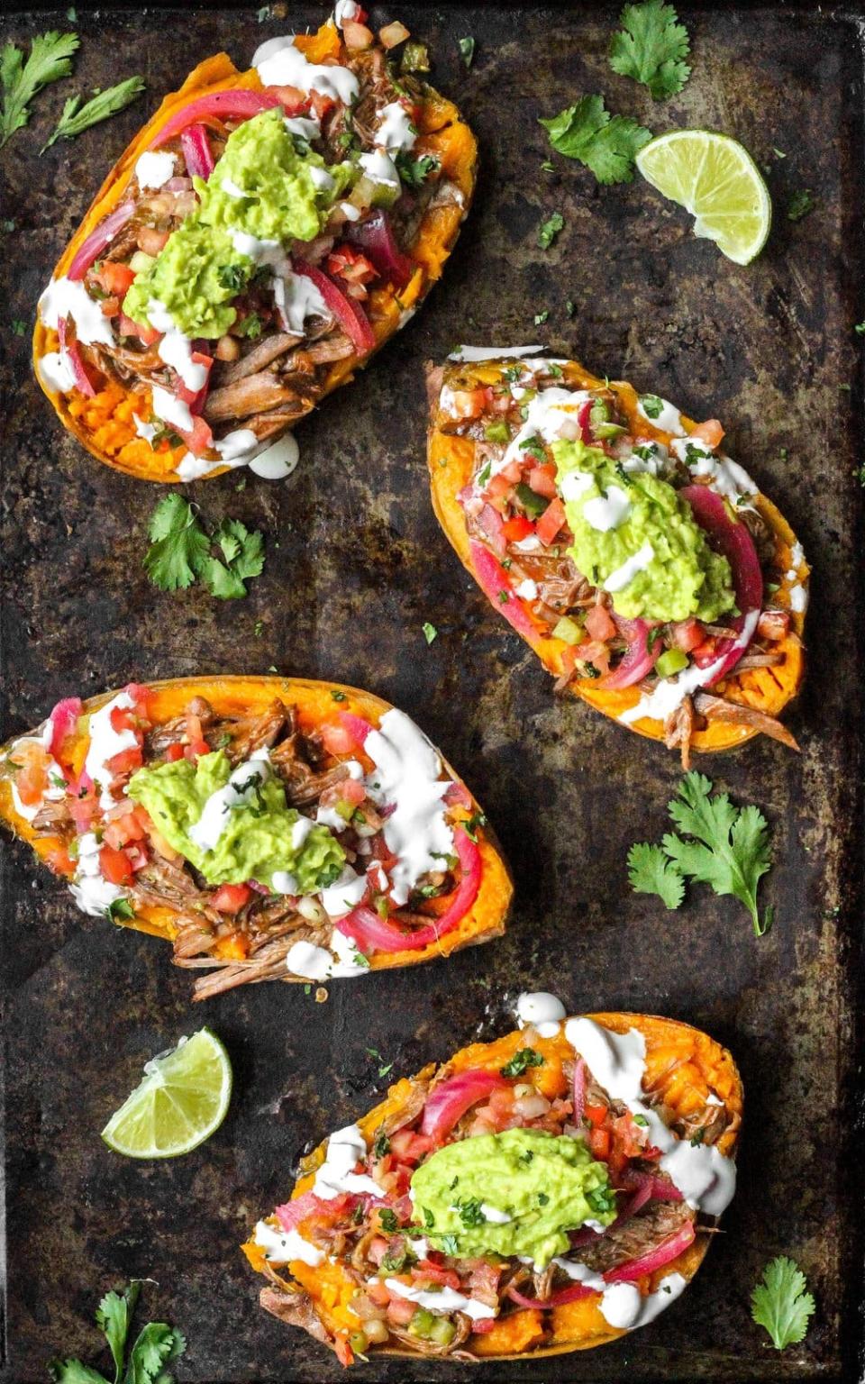 <a href="https://allthehealthythings.com/2019-4-30-crockpot-beef-enchilada-stuffed-sweet-potatoes/" target="_blank" rel="noopener noreferrer"><strong>Slow Cooker Beef Enchilada Stuffed Sweet Potatoes from All The Healthy Things</strong></a>