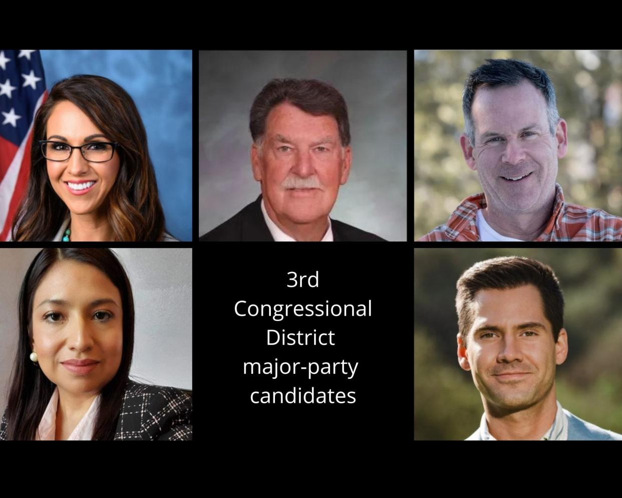 Top row, from left: incumbent Republican Rep. Lauren Boebert, State Sen. Don Coram and Adam Frisch. Bottom row from left: Sol Sandoval and Alex Walker